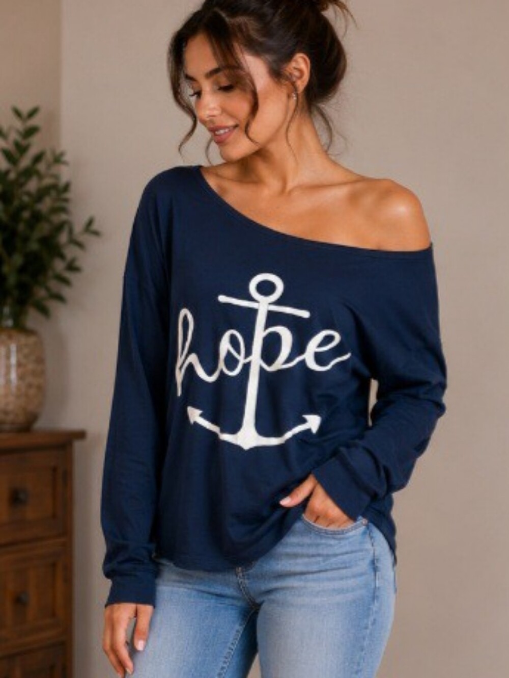 Navy “Hope” Anchor Graphic Off Shoulder Top | Cozy Nautical Shirt